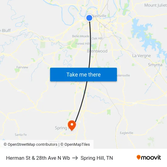 Herman St & 28th Ave N Wb to Spring Hill, TN map