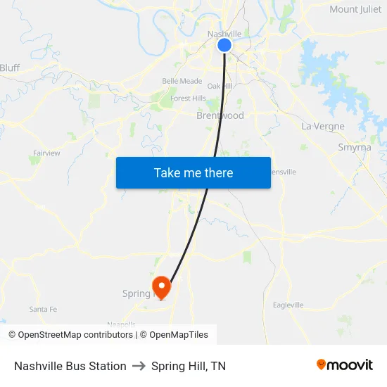 Nashville Bus Station to Spring Hill, TN map