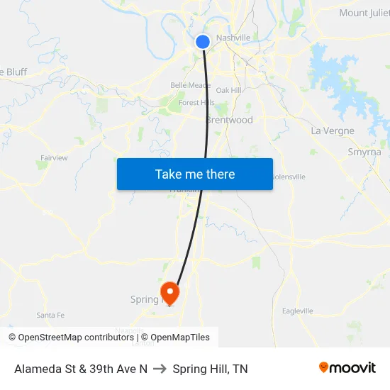 Alameda St & 39th Ave N to Spring Hill, TN map