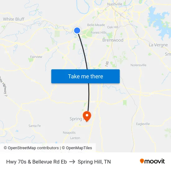 Hwy 70s & Bellevue Rd Eb to Spring Hill, TN map
