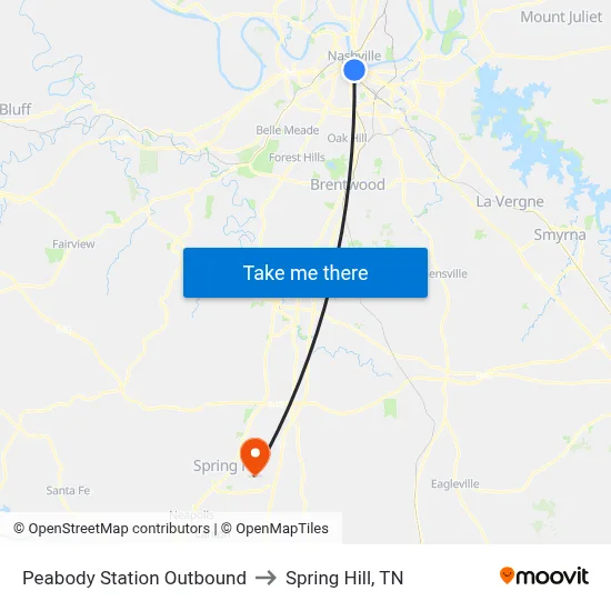 Peabody Station Outbound to Spring Hill, TN map