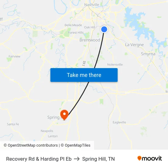 Recovery Rd & Harding Pl Eb to Spring Hill, TN map
