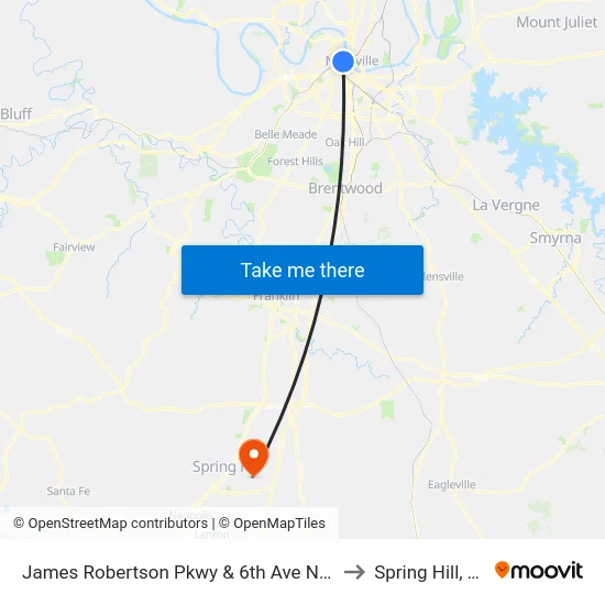 James Robertson Pkwy & 6th Ave N Wb to Spring Hill, TN map