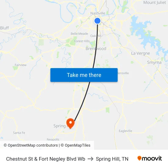 Chestnut St & Fort Negley Blvd Wb to Spring Hill, TN map