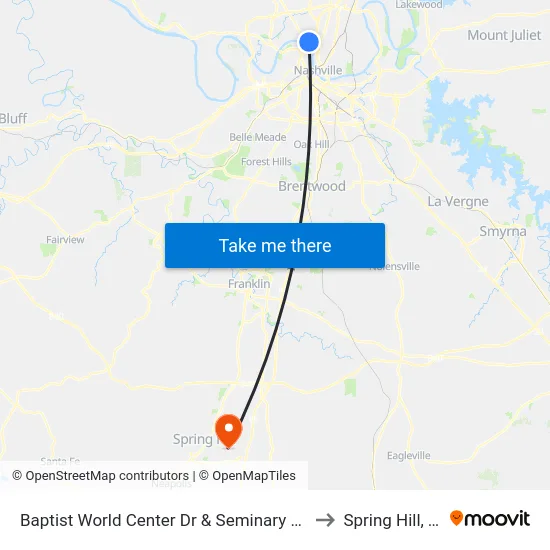 Baptist World Center Dr & Seminary St Nb to Spring Hill, TN map