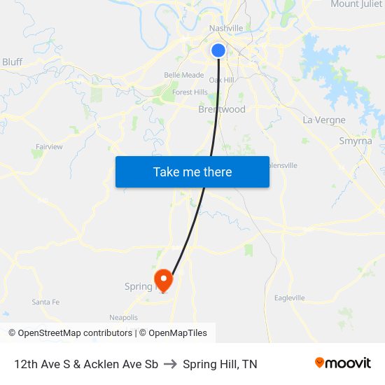 12th Ave S & Acklen Ave Sb to Spring Hill, TN map