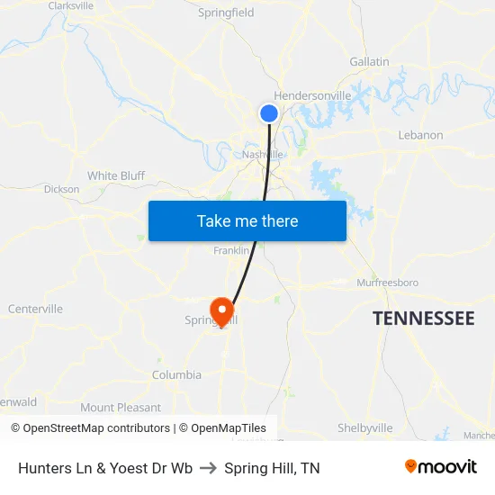 Hunters Ln & Yoest Dr Wb to Spring Hill, TN map