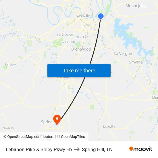 Lebanon Pike & Briley Pkwy Eb to Spring Hill, TN map