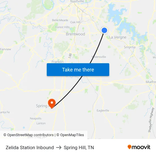 Zelida Station Inbound to Spring Hill, TN map