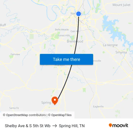 Shelby Ave & S 5th St Wb to Spring Hill, TN map
