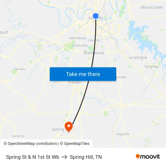 Spring St & N 1st St Wb to Spring Hill, TN map