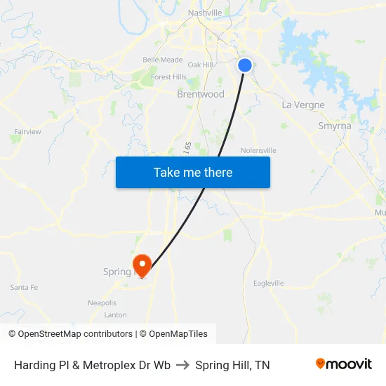 Harding Pl & Metroplex Dr Wb to Spring Hill, TN map