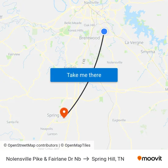 Nolensville Pike & Fairlane Dr Nb to Spring Hill, TN map