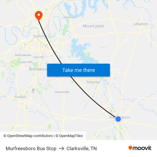 Murfreesboro Bus Stop to Clarksville, TN map