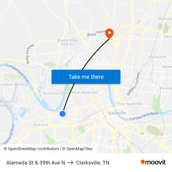 Alameda St & 39th Ave N to Clarksville, TN map