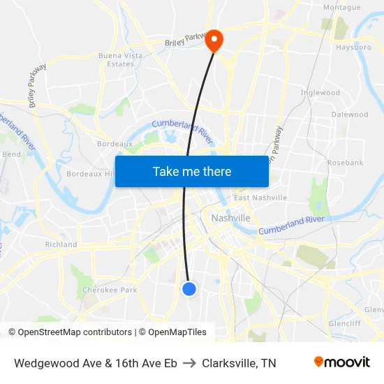 Wedgewood Ave & 16th Ave Eb to Clarksville, TN map