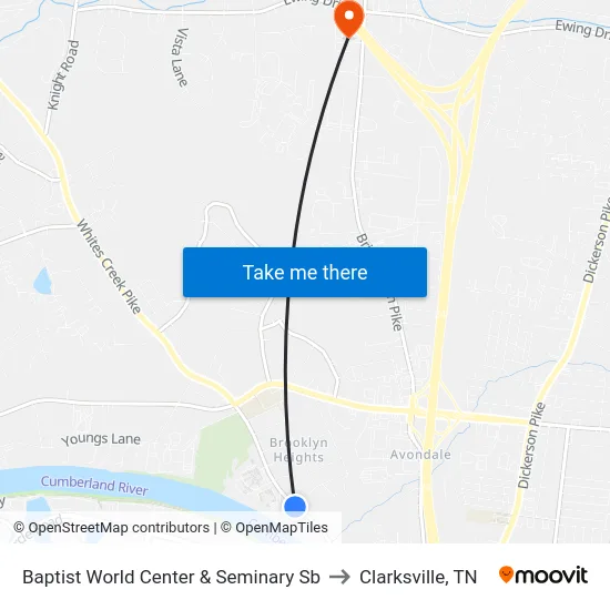 Baptist World Center & Seminary Sb to Clarksville, TN map