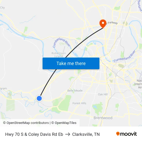 Hwy 70 S & Coley Davis Rd Eb to Clarksville, TN map