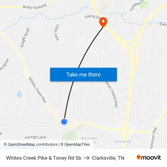 Whites Creek Pike & Toney Rd Sb to Clarksville, TN map