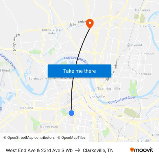 West End Ave & 23rd Ave S Wb to Clarksville, TN map