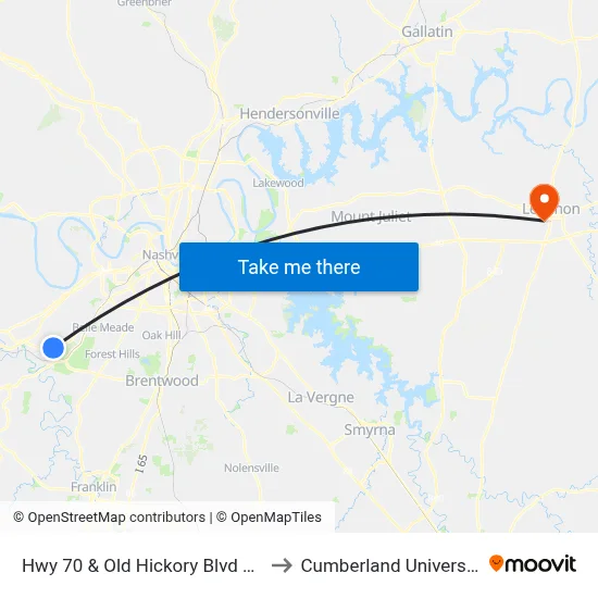 Hwy 70 & Old Hickory Blvd Wb to Cumberland University map