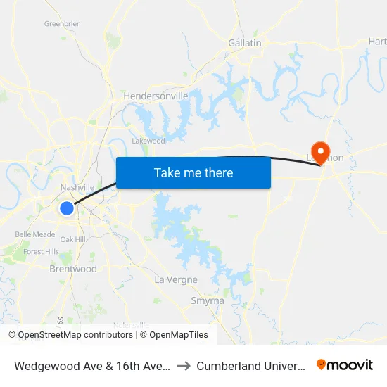 Wedgewood Ave & 16th Ave Eb to Cumberland University map
