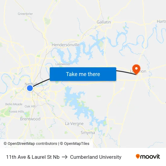 11th Ave & Laurel St Nb to Cumberland University map