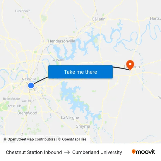 Chestnut Station Inbound to Cumberland University map