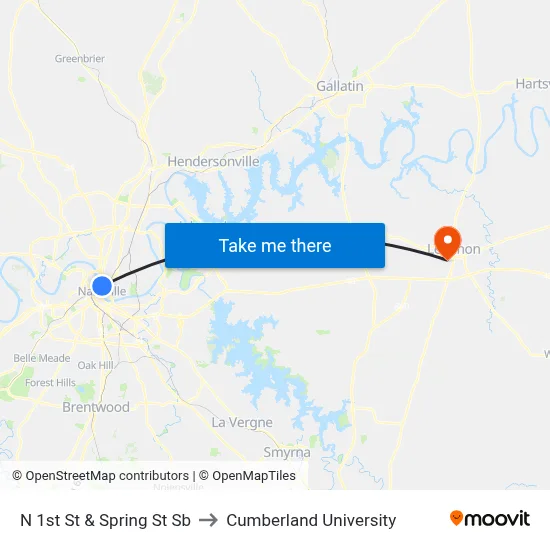 N 1st St & Spring St Sb to Cumberland University map