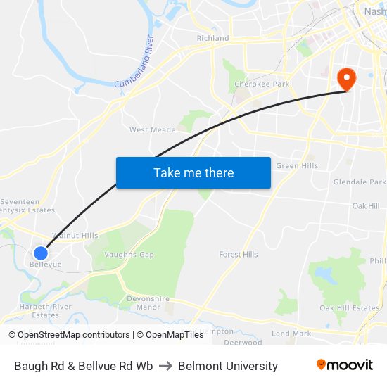 Baugh Rd & Bellvue Rd Wb to Belmont University map