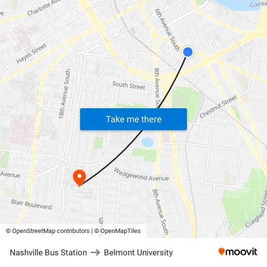 Nashville Bus Station to Belmont University map