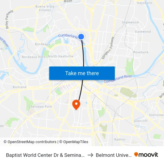 Baptist World Center Dr & Seminary St Nb to Belmont University map