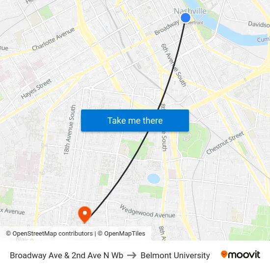 Broadway Ave & 2nd Ave N Wb to Belmont University map