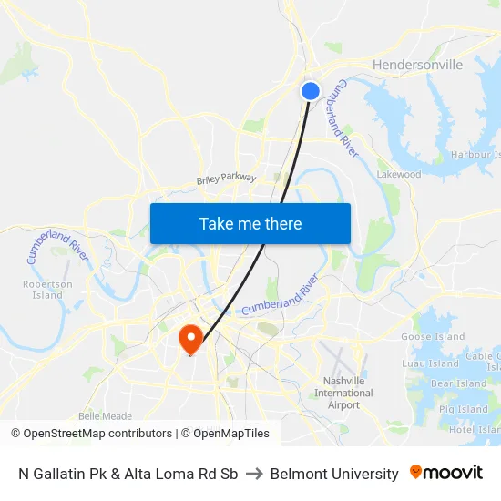 N Gallatin Pk & Alta Loma Rd Sb to Belmont University map