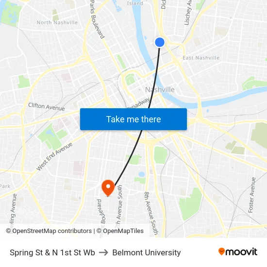 Spring St & N 1st St Wb to Belmont University map