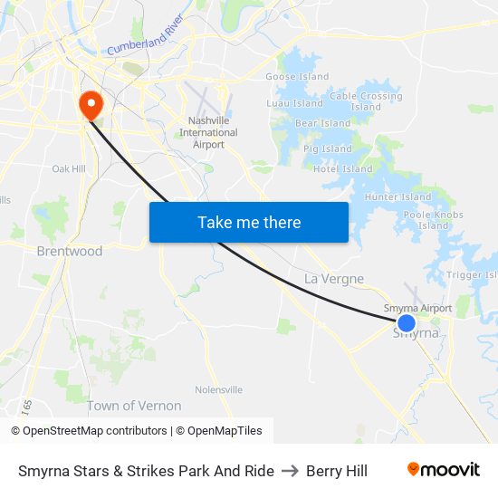 Smyrna Stars & Strikes Park And Ride to Berry Hill map