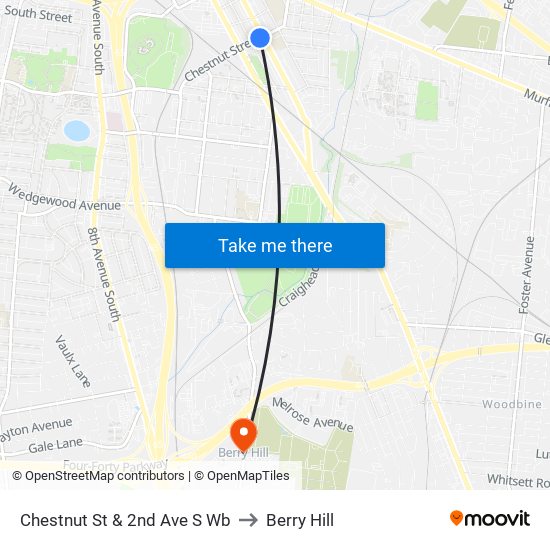 Chestnut St & 2nd Ave S Wb to Berry Hill map