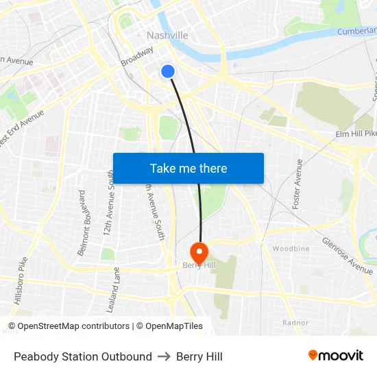 Peabody Station Outbound to Berry Hill map
