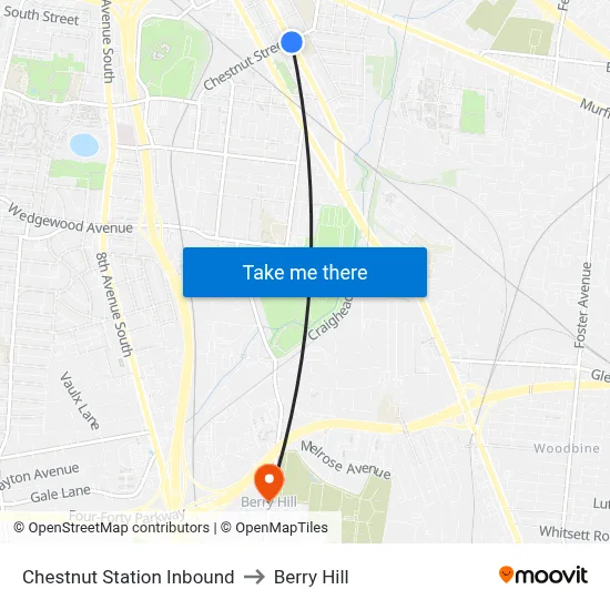 Chestnut Station Inbound to Berry Hill map