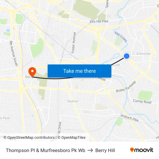 Thompson Pl & Murfreesboro Pk Wb to Berry Hill map