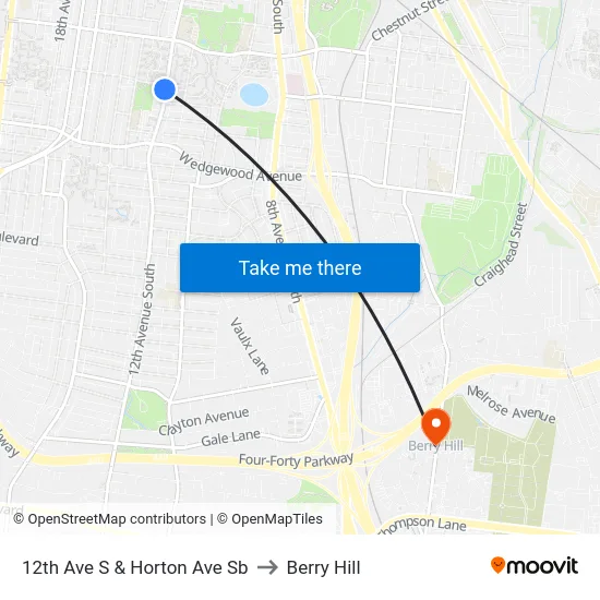 12th Ave S & Horton Ave Sb to Berry Hill map