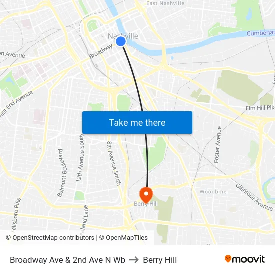 Broadway Ave & 2nd Ave N Wb to Berry Hill map