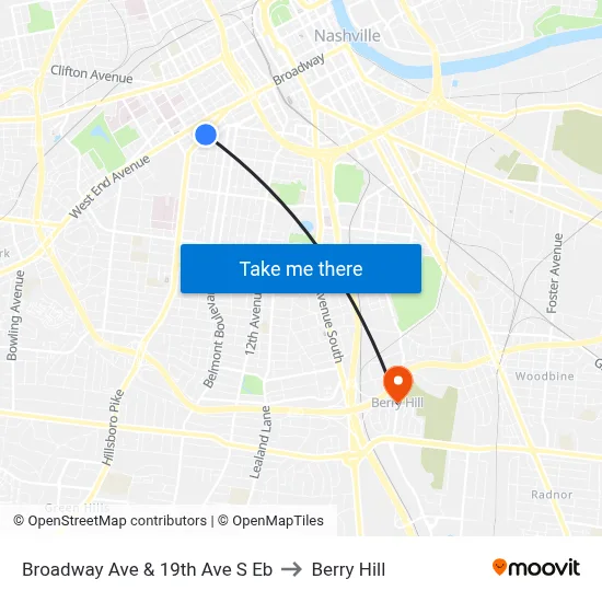 Broadway Ave & 19th Ave S Eb to Berry Hill map