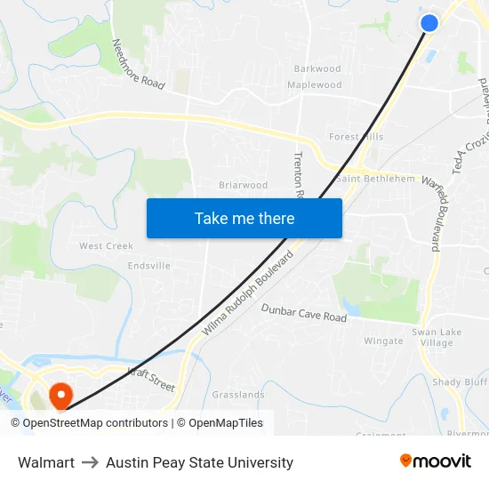 Walmart to Austin Peay State University map