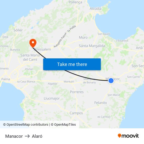 Manacor to Alaró map