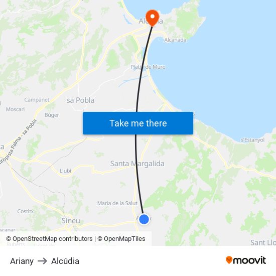 Ariany to Alcúdia map