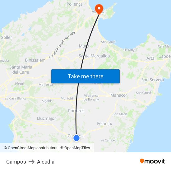 Campos to Alcúdia map