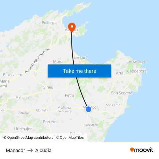 Manacor to Alcúdia map