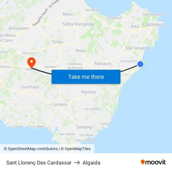 Sant Llorenç Des Cardassar to Algaida map