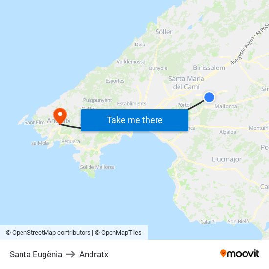 Santa Eugènia to Andratx map